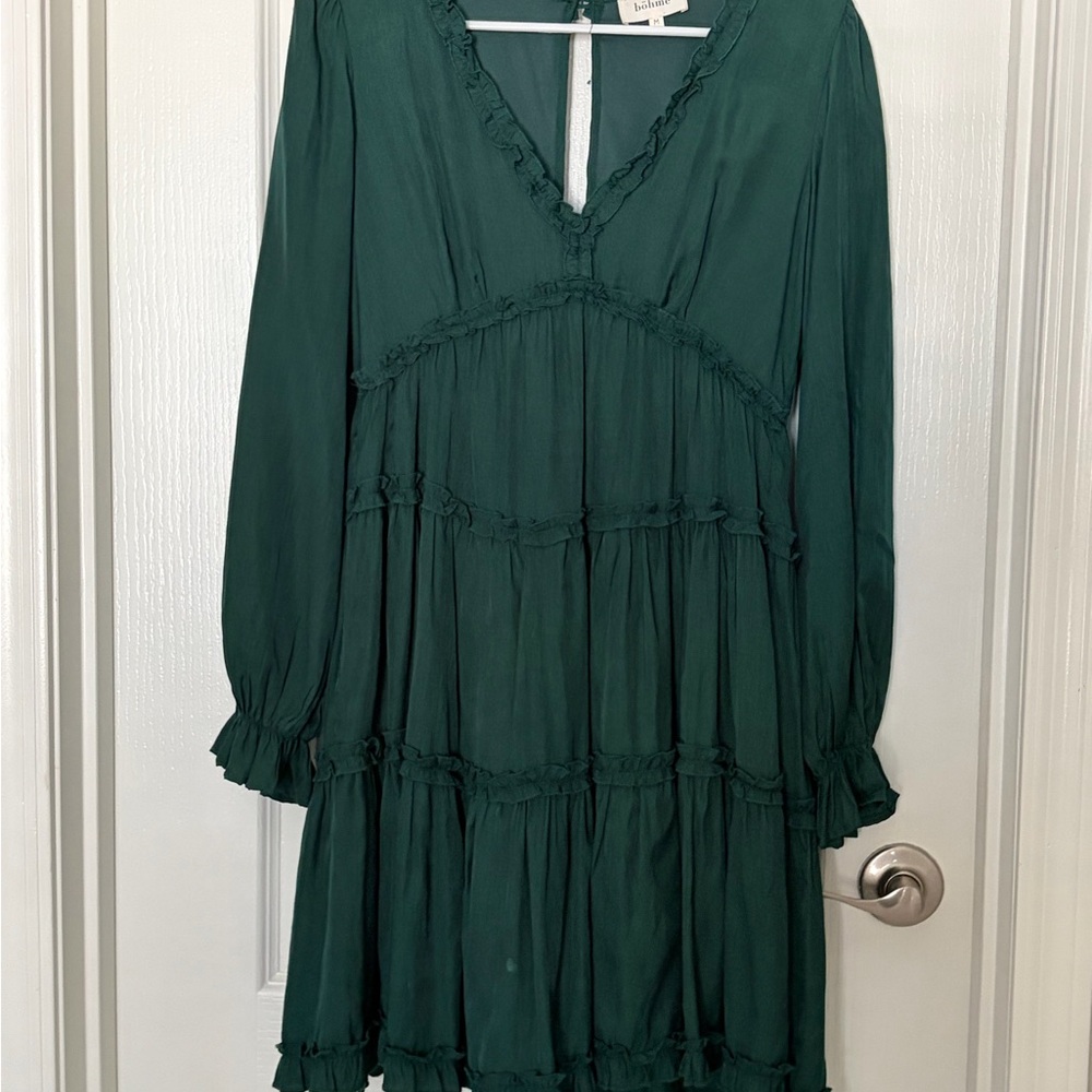 bohme Deep Green Tiered V-Neck Long Sleeve Dress